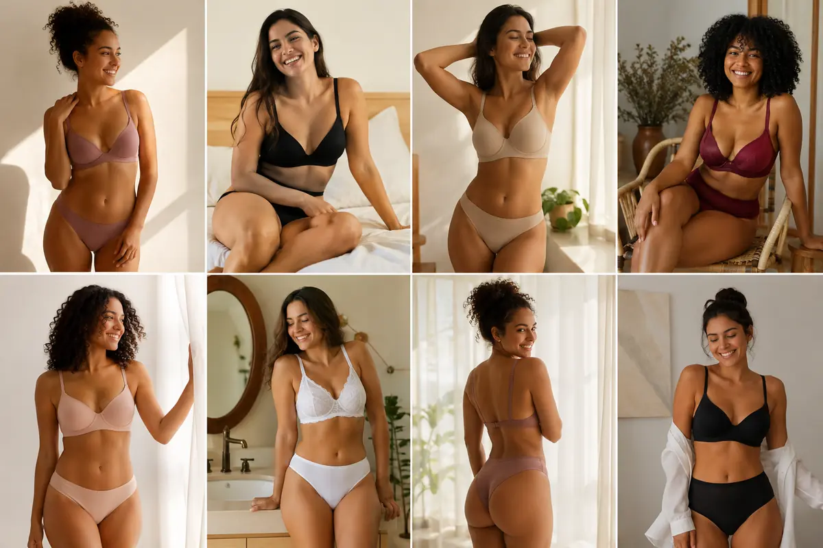 Mosaico com mulheres de diferentes corpos e tons de pele usando peças da coleção