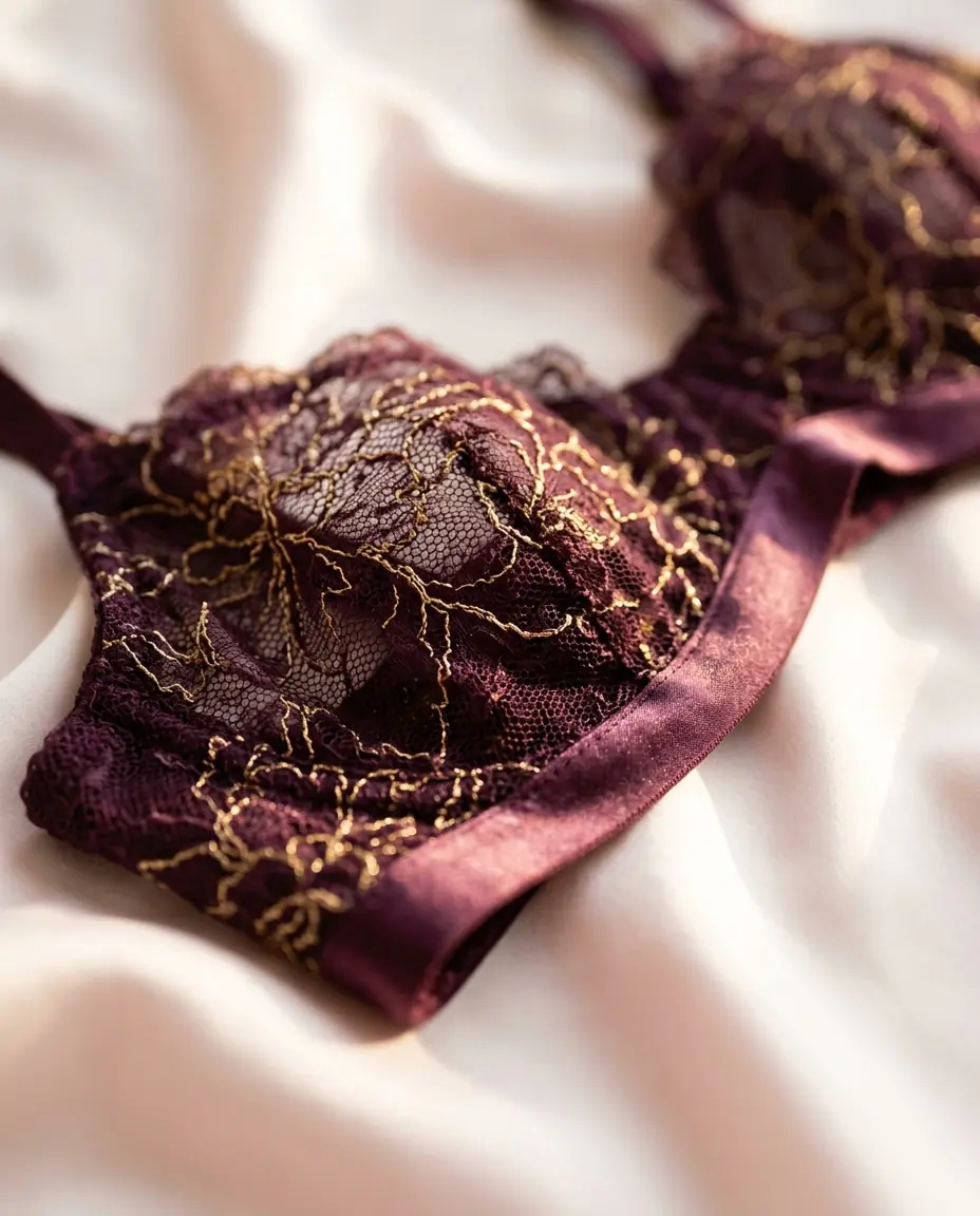 Detalhe de um conjunto de lingerie em renda vinho com bordado dourado sobre cetim
