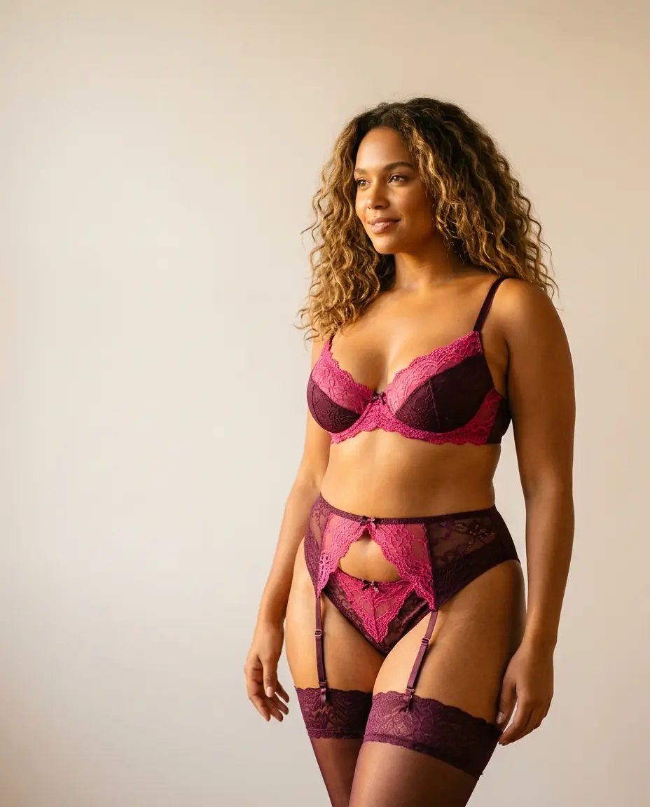 Mulher com conjunto de renda em tons de rosa e vinho com cinta-liga