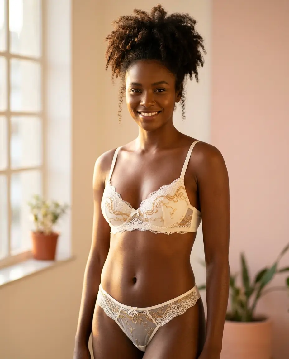Mulher com conjunto claro de renda e detalhes dourados em luz natural