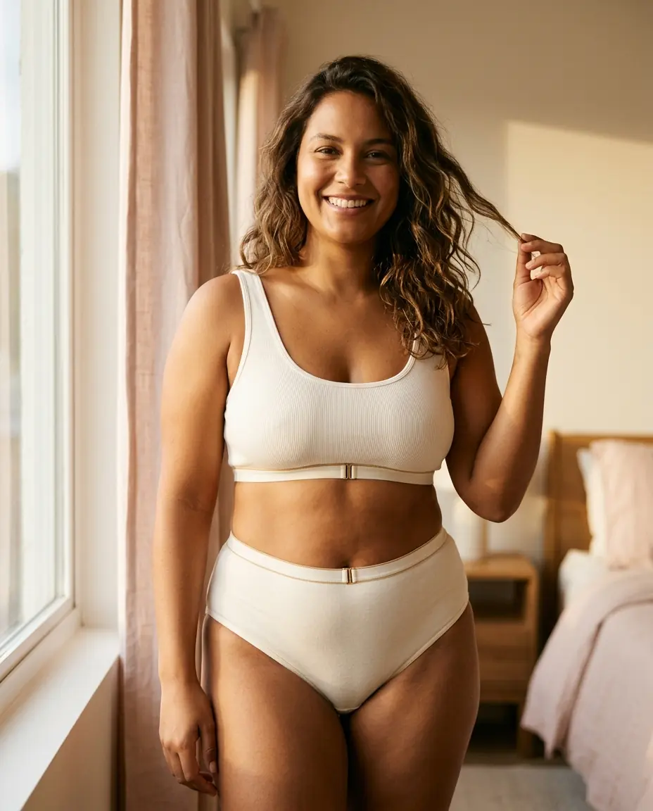 Mulher com top e calcinha de cintura alta em tom creme, em casa