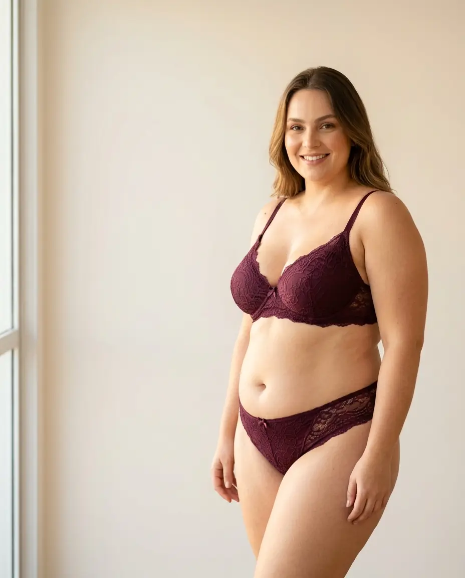 Mulher com curvas usando conjunto de renda cor vinho junto à janela