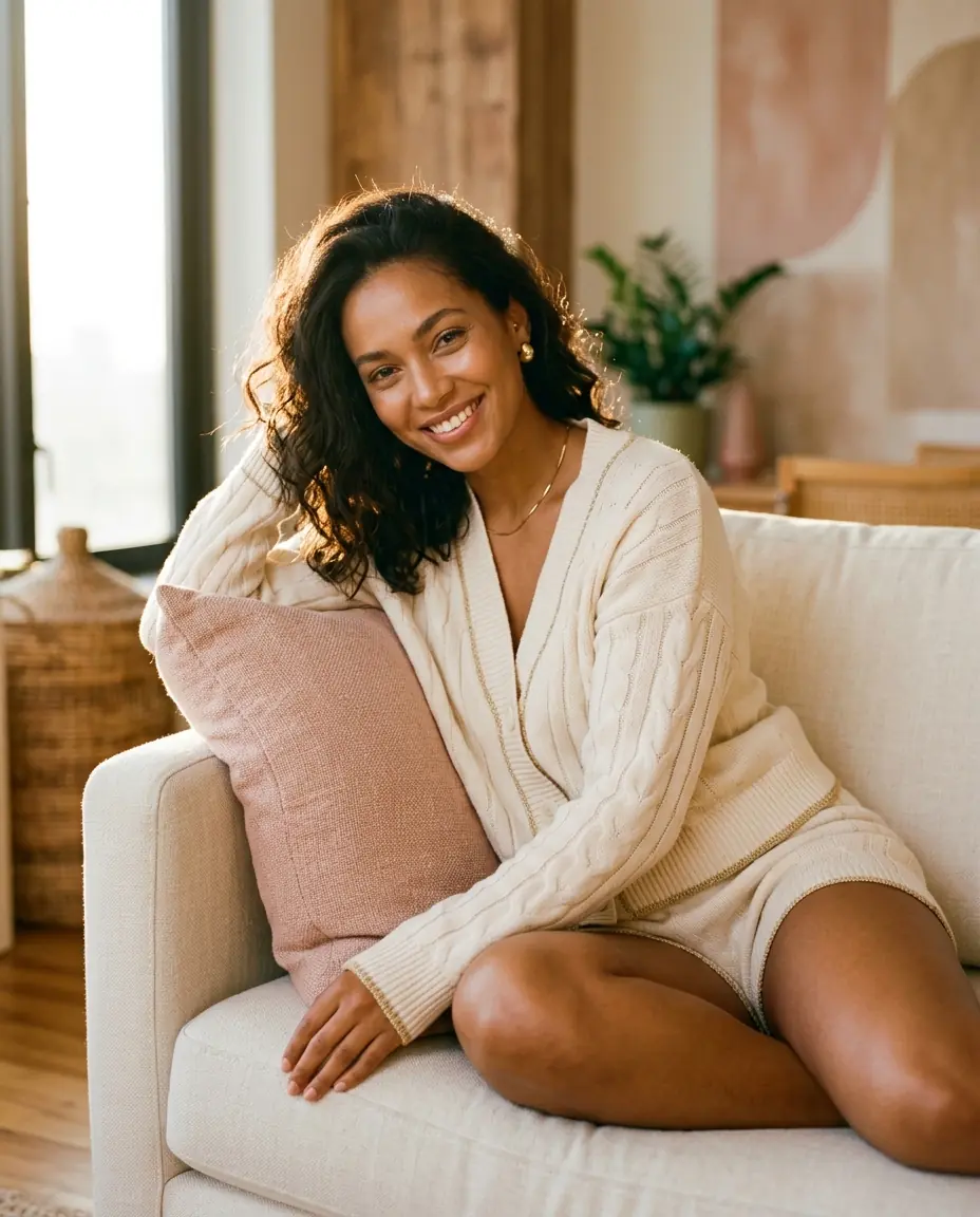 Mulher em loungewear creme sentada no sofá abraçando uma almofada