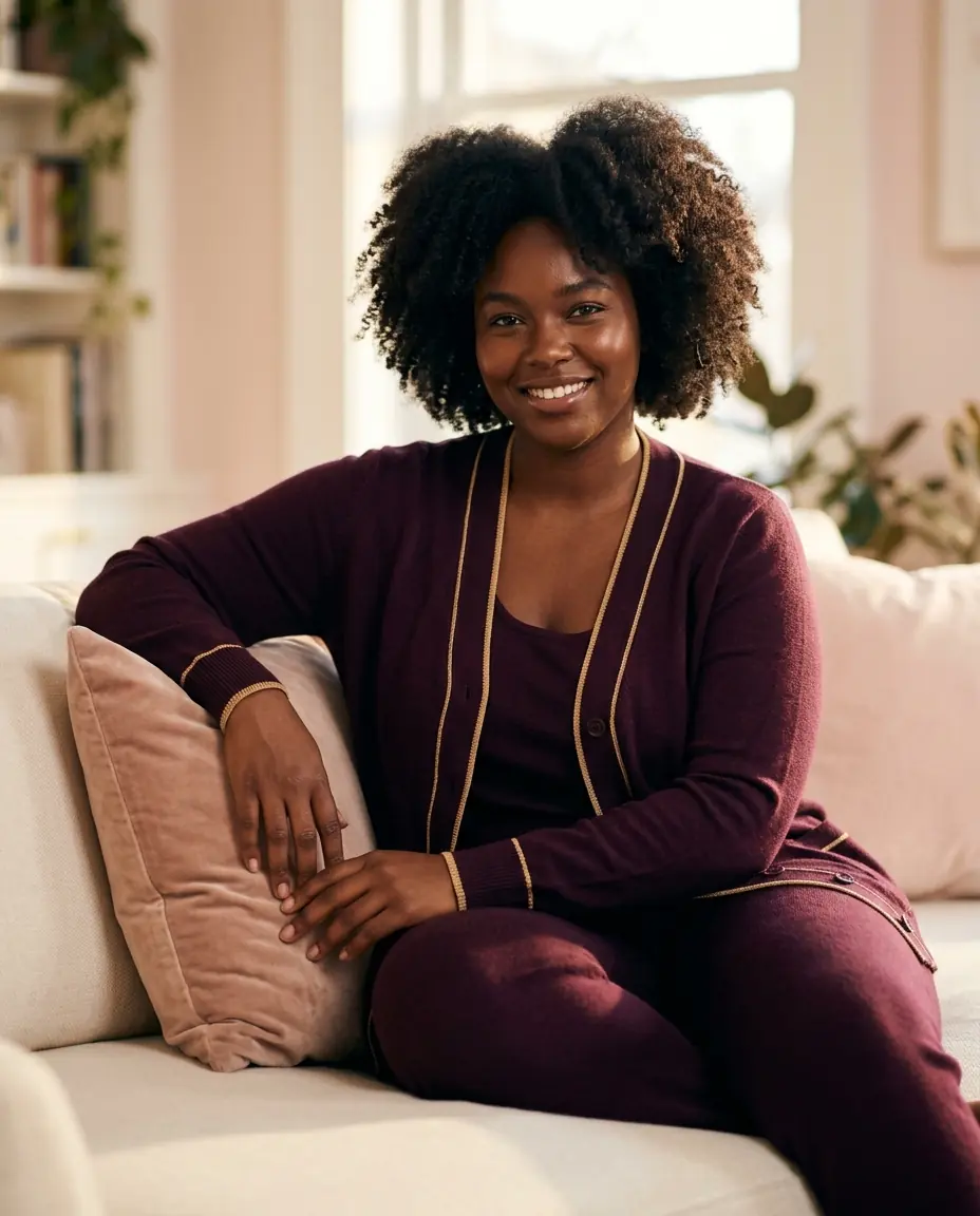 Mulher em loungewear cor vinho sentada no sofá de uma sala acolhedora